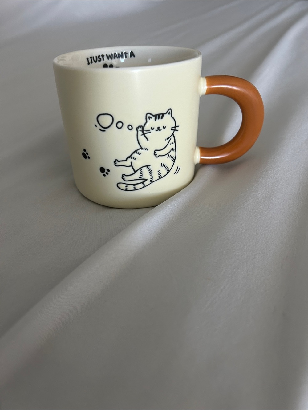 Cream Cat Print Ceramic Mug with Orange Handle